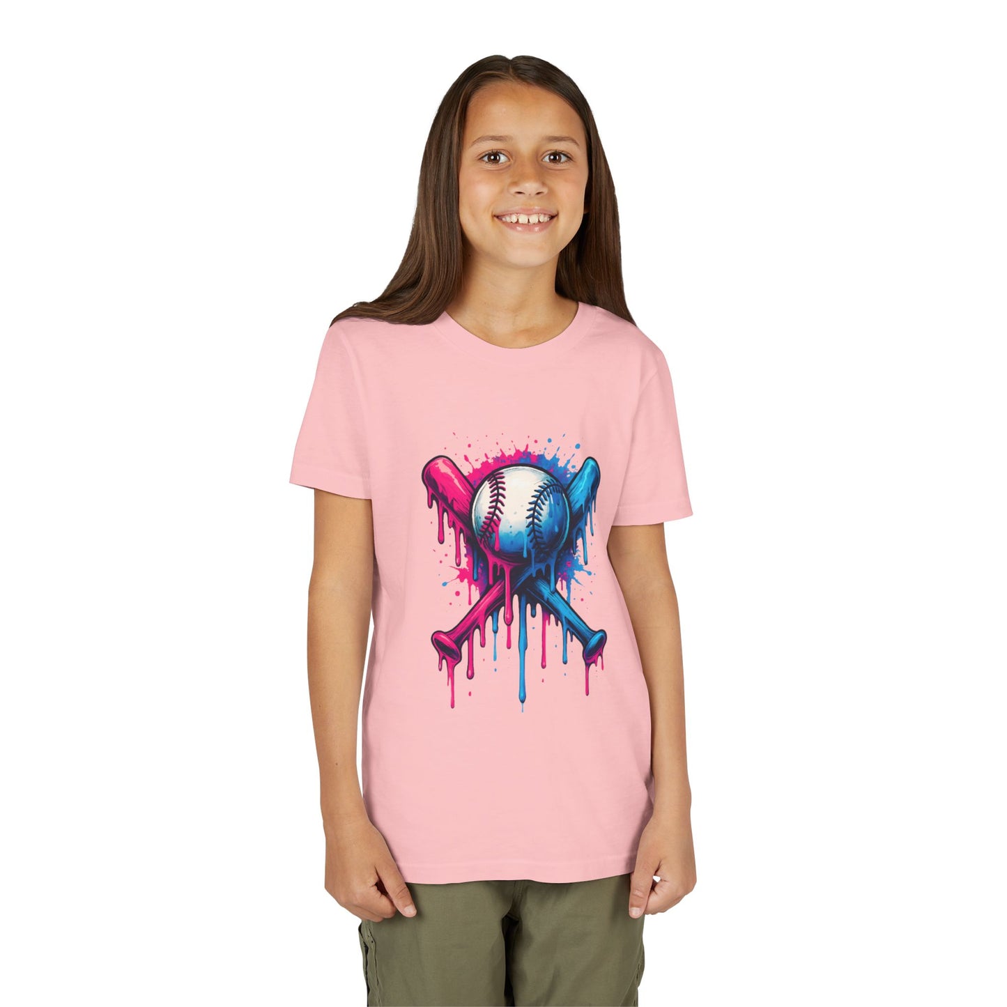 Youth Baseball Tee — Dripping Pink & Blue Crossed Bats Design