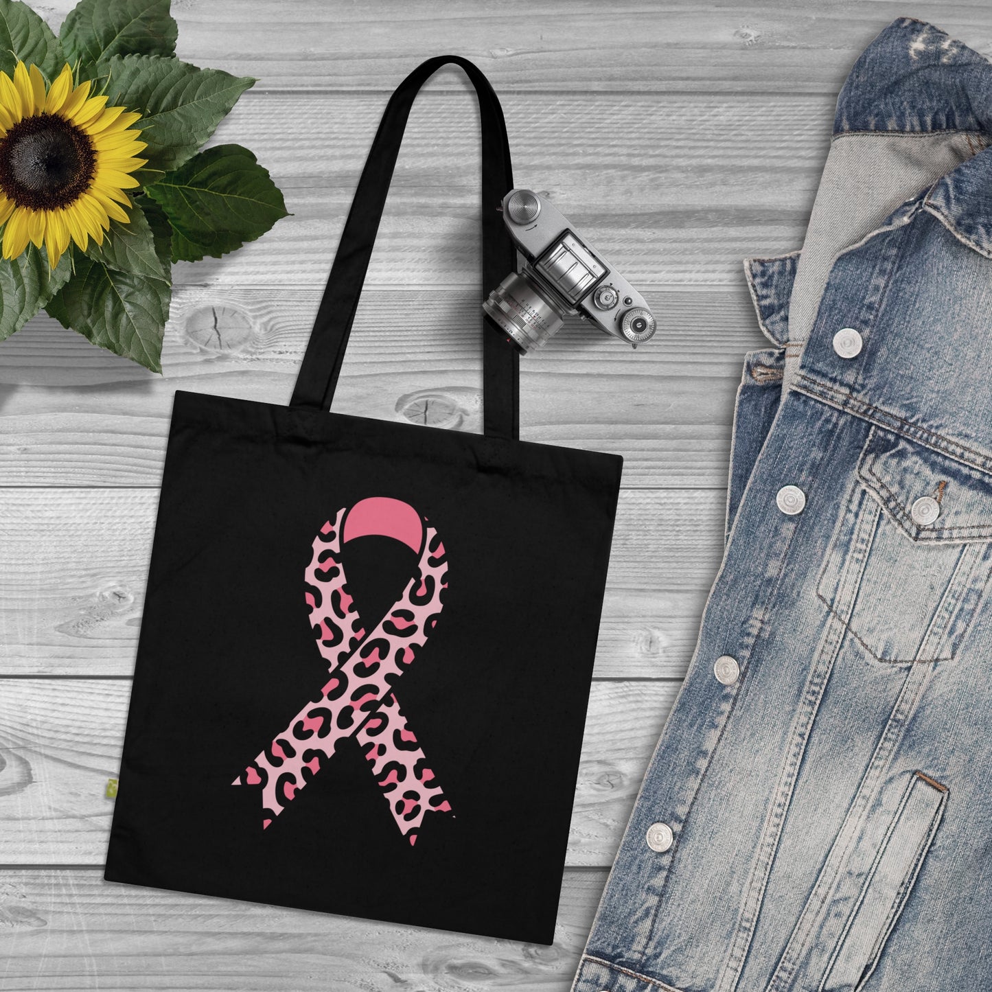 Pink Leopard Ribbon Tote Bag — Breast Cancer Awareness Organic Cotton Tote