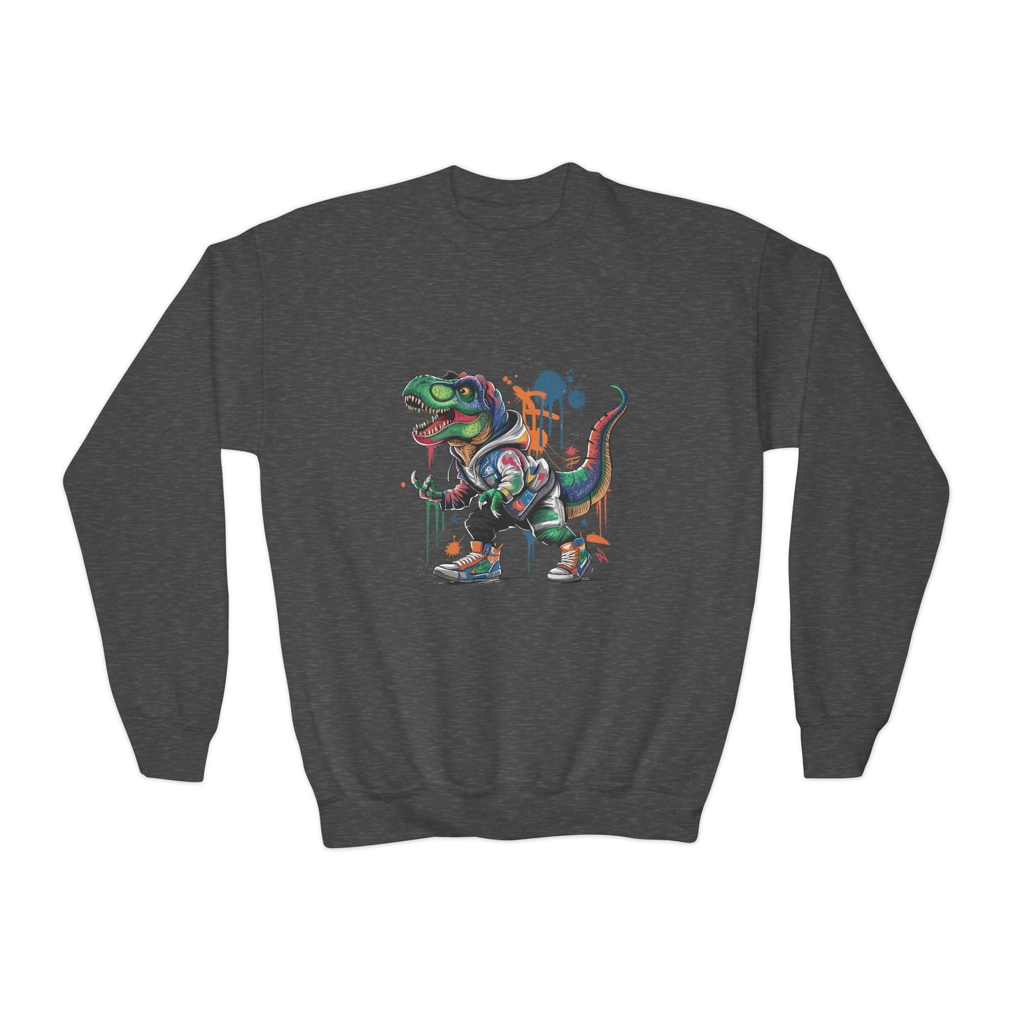 Youth Sweatshirt — Colorful Graffiti T-Rex Dino Crewneck
