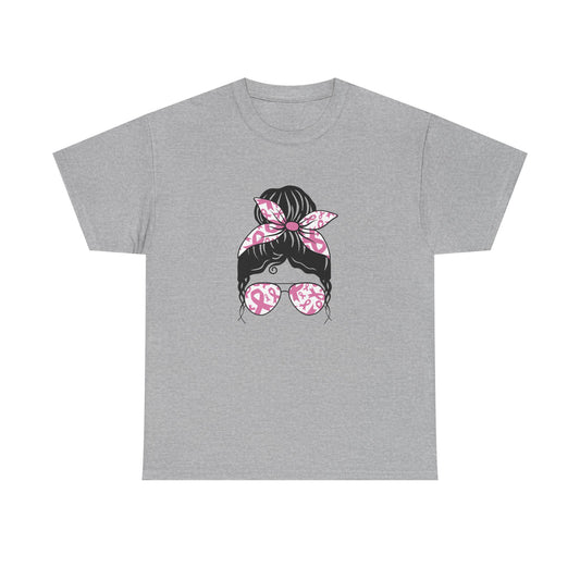 Breast Cancer Awareness Messy Bun T-Shirt — Pink Ribbon Sunglasses & Bandana Tee
