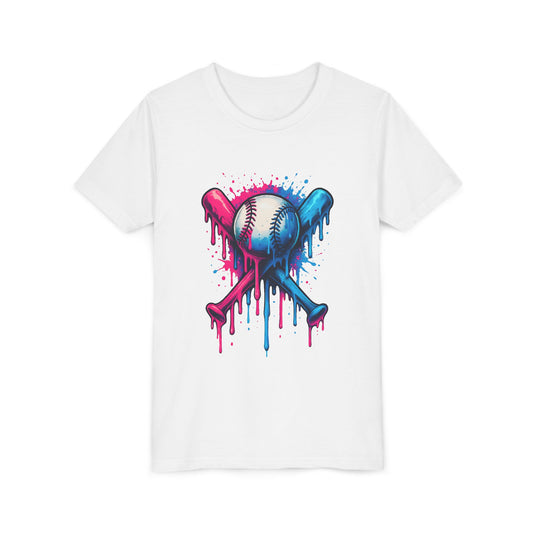 Youth Baseball Tee — Dripping Pink & Blue Crossed Bats Design