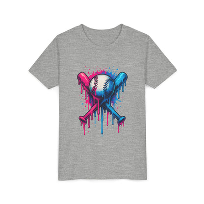 Youth Baseball Tee — Dripping Pink & Blue Crossed Bats Design