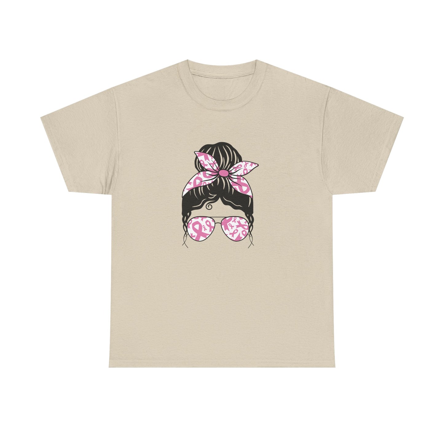 Breast Cancer Awareness Messy Bun T-Shirt — Pink Ribbon Sunglasses & Bandana Tee