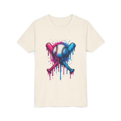 Youth Baseball Tee — Dripping Pink & Blue Crossed Bats Design