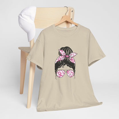 Breast Cancer Awareness Messy Bun T-Shirt — Pink Ribbon Sunglasses & Bandana Tee