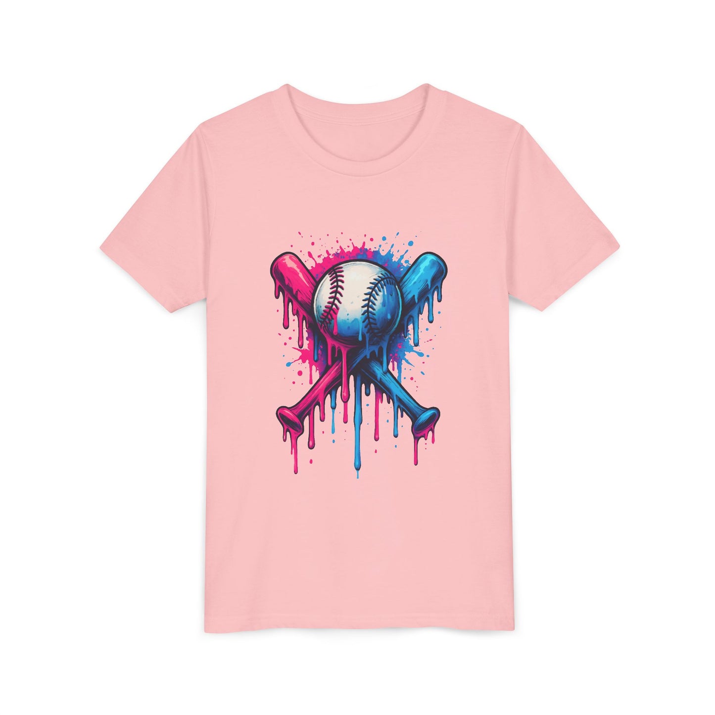 Youth Baseball Tee — Dripping Pink & Blue Crossed Bats Design
