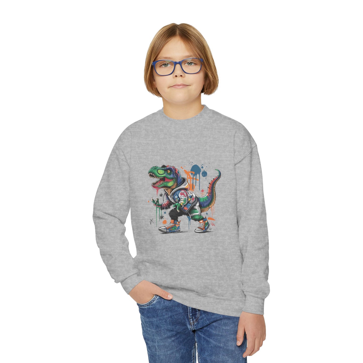 Youth Sweatshirt — Colorful Graffiti T-Rex Dino Crewneck