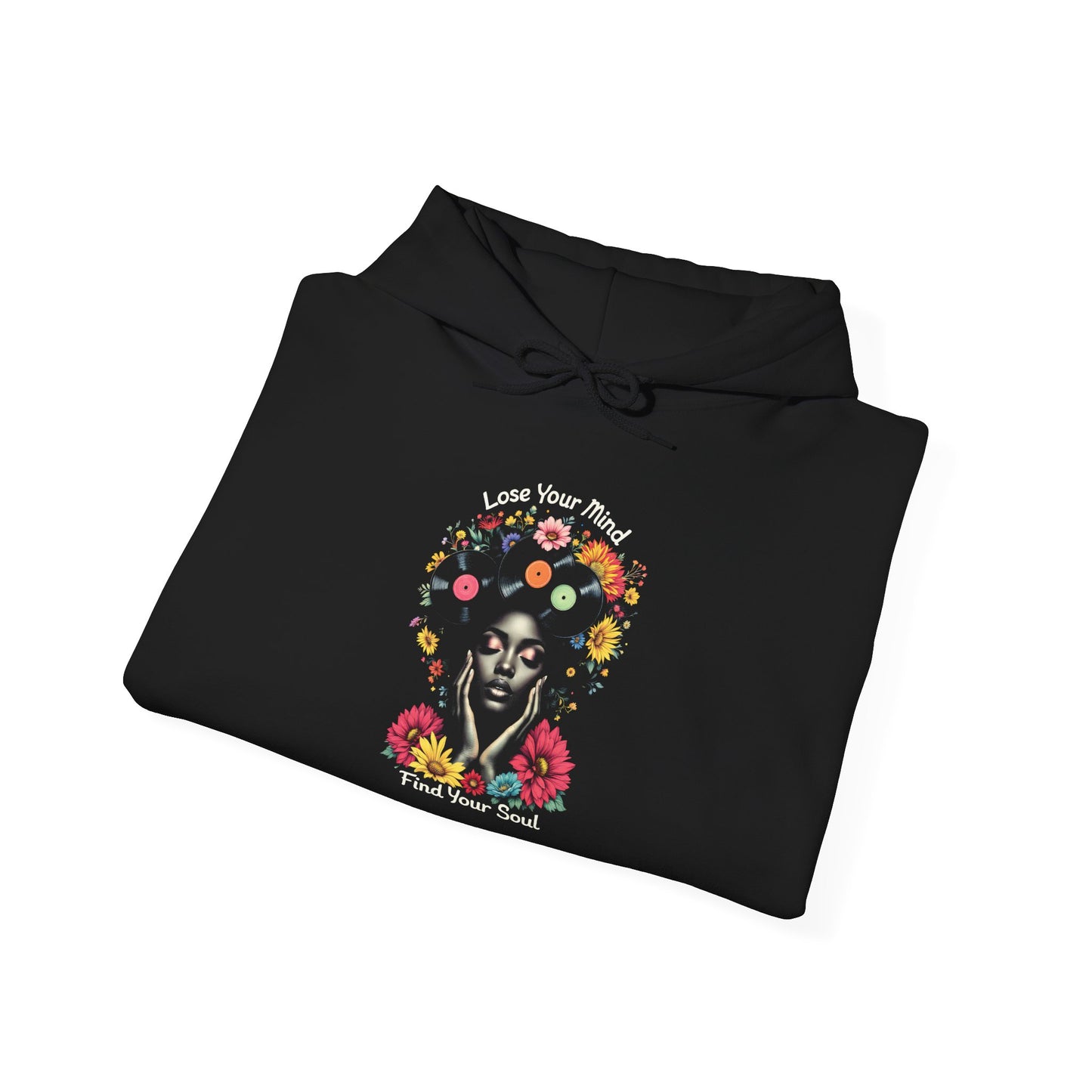 Soulful Floral Hoodie – "Lose Your Mind, Find Your Soul" in Music Black Pullover