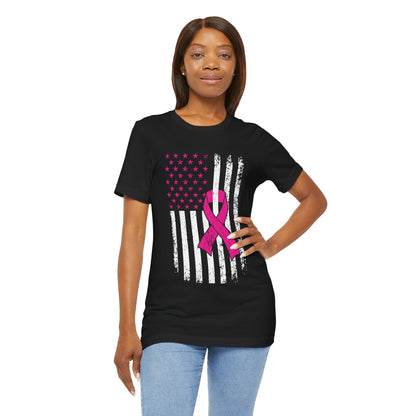 Pink Ribbon American Flag T-Shirt — Breast Cancer Awareness Tee