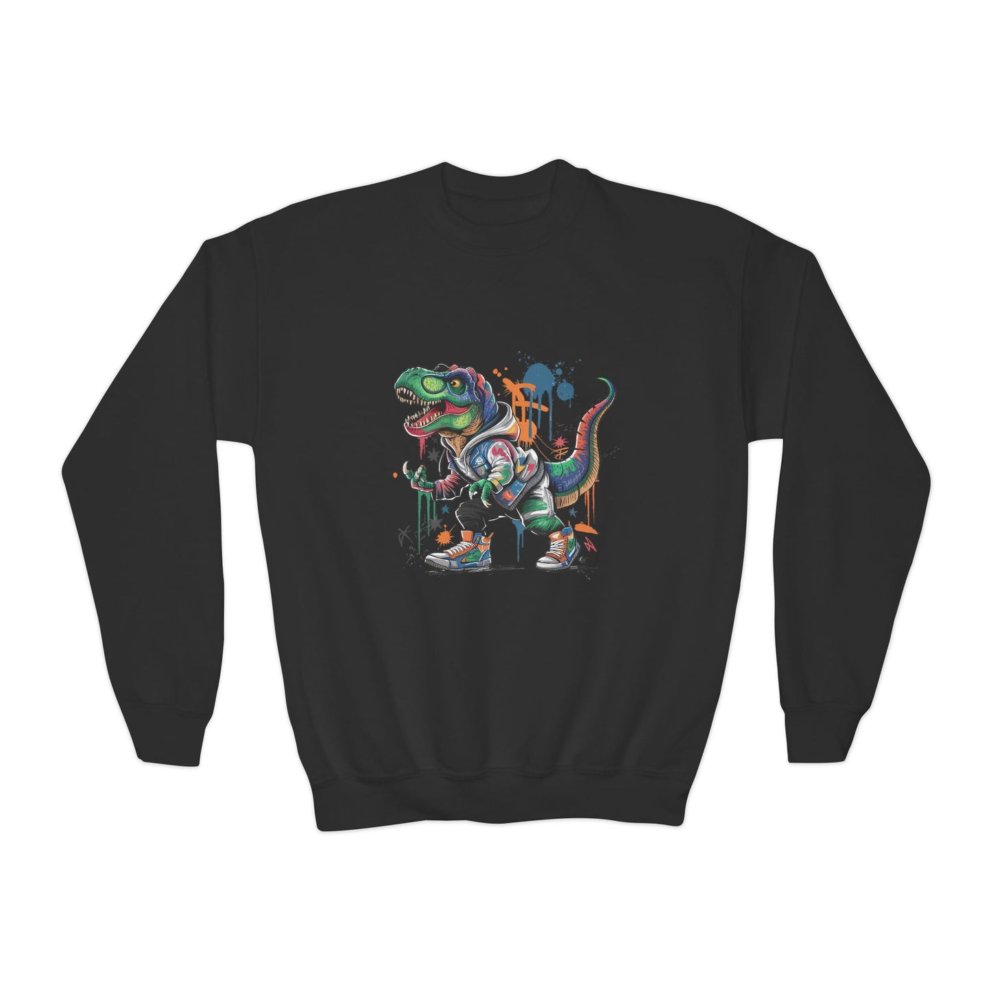 Youth Sweatshirt — Colorful Graffiti T-Rex Dino Crewneck