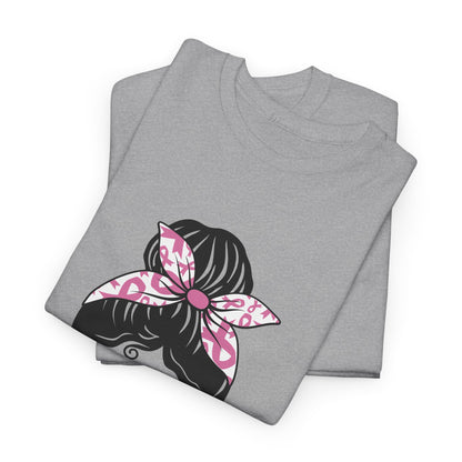 Breast Cancer Awareness Messy Bun T-Shirt — Pink Ribbon Sunglasses & Bandana Tee