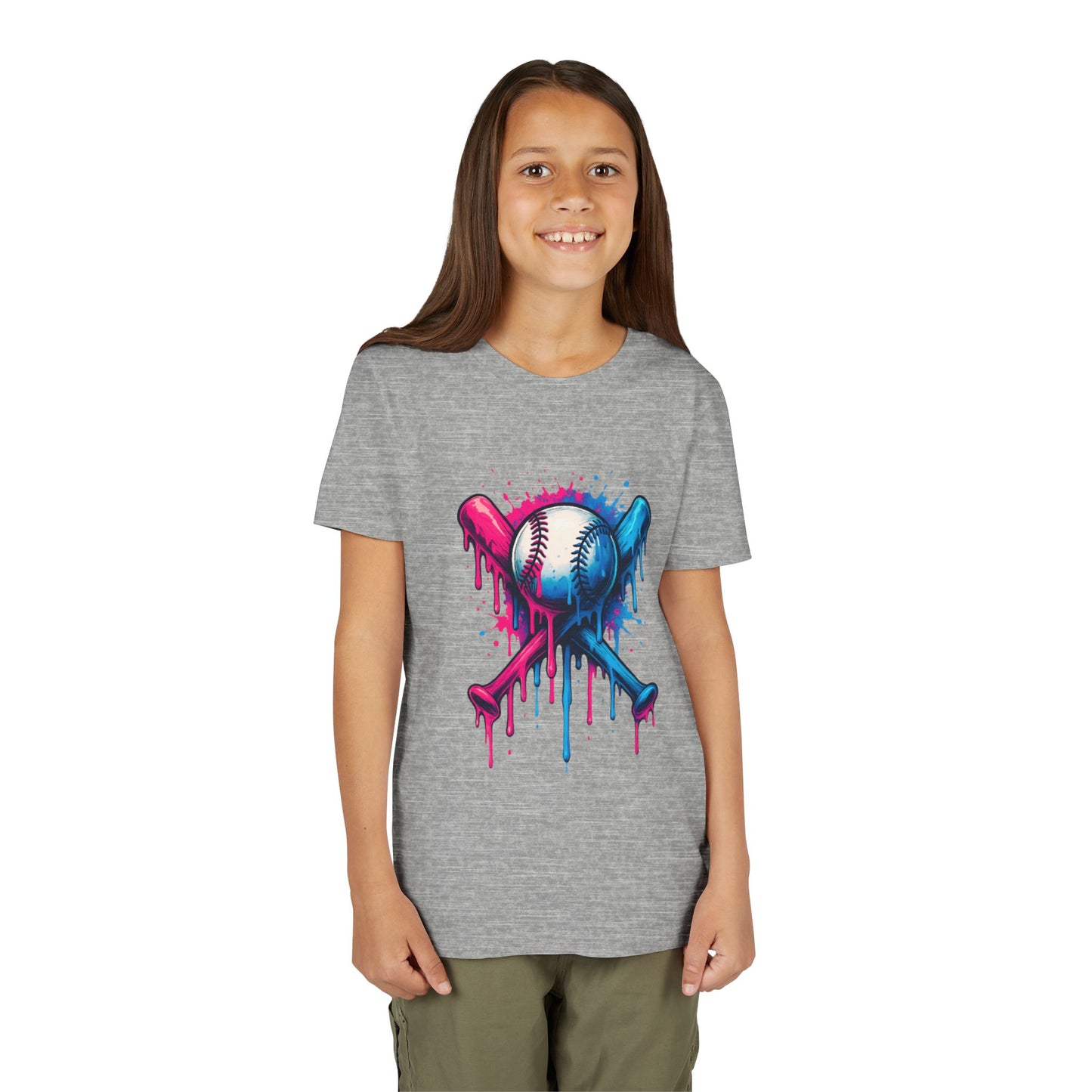 Youth Baseball Tee — Dripping Pink & Blue Crossed Bats Design