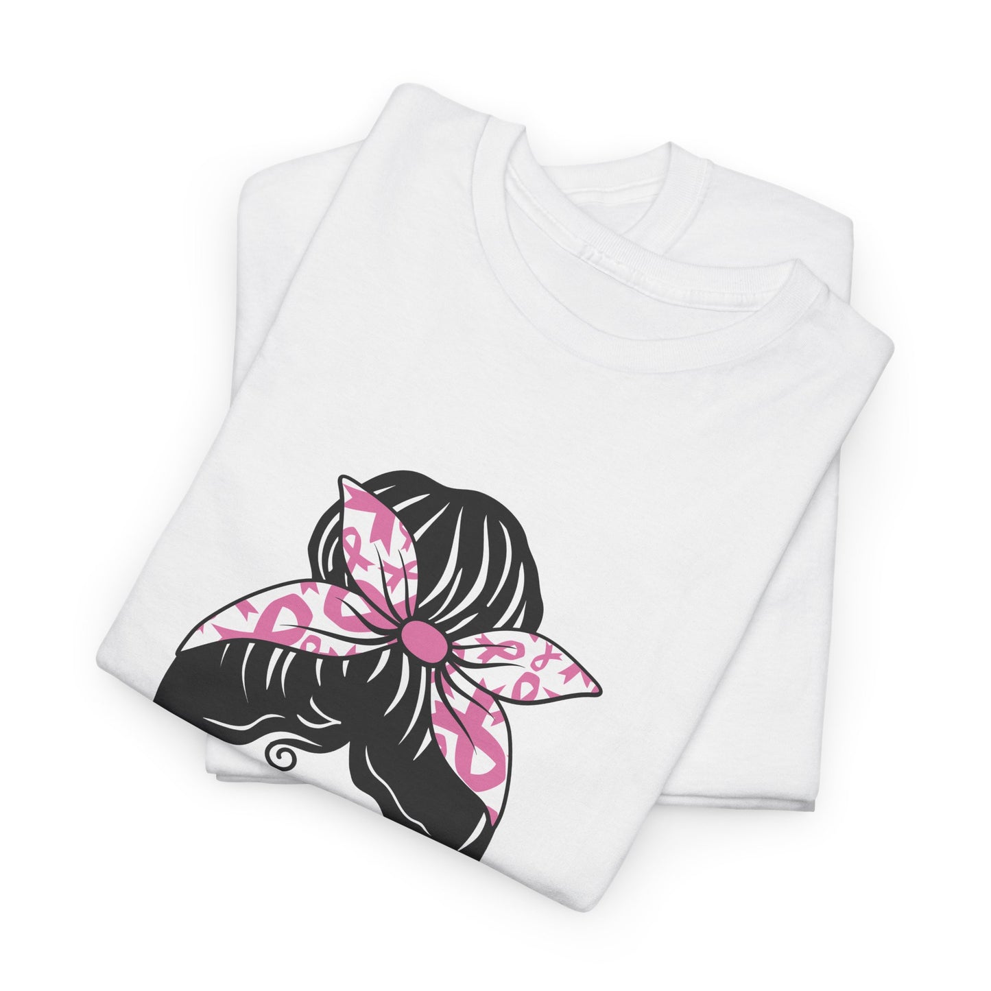 Breast Cancer Awareness Messy Bun T-Shirt — Pink Ribbon Sunglasses & Bandana Tee