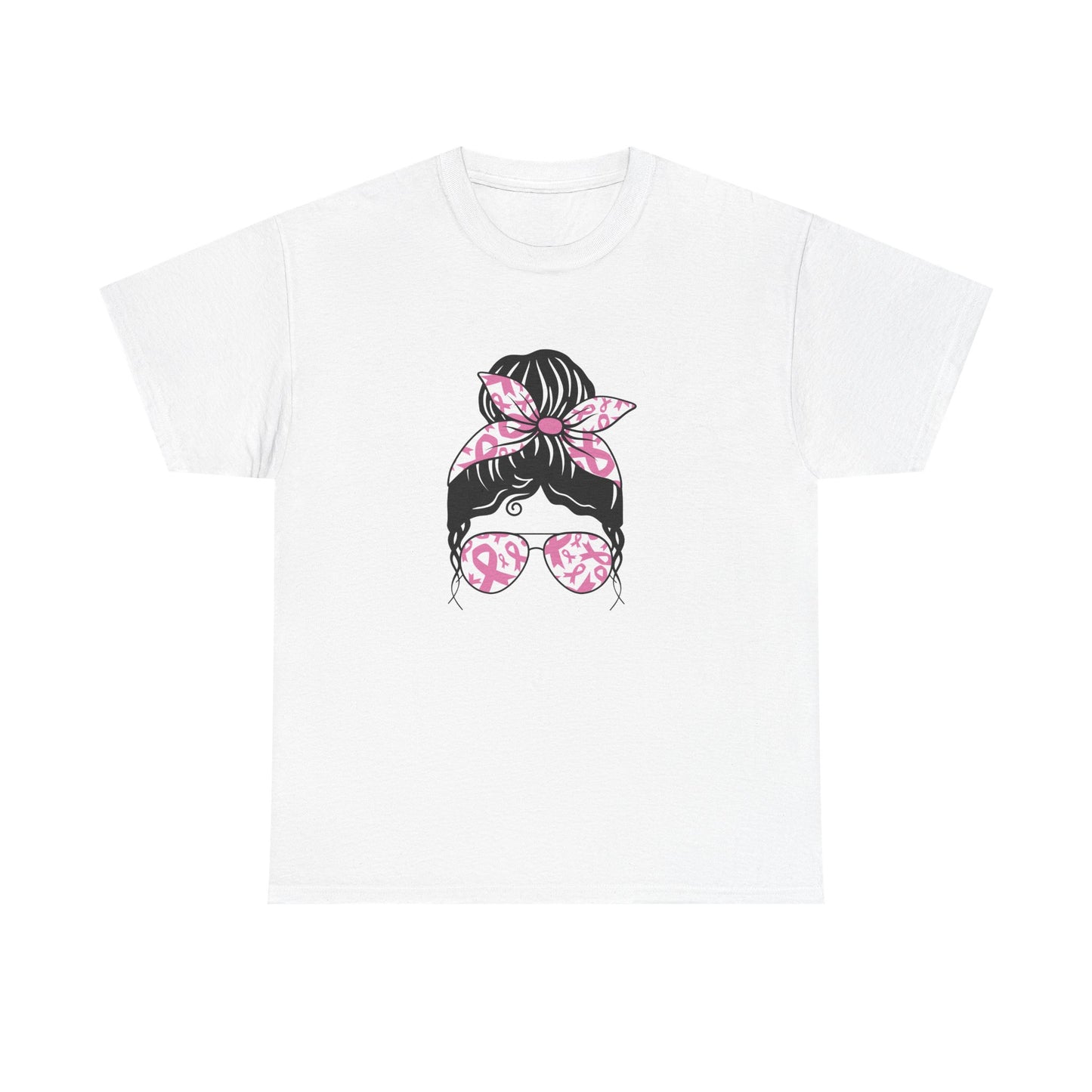 Breast Cancer Awareness Messy Bun T-Shirt — Pink Ribbon Sunglasses & Bandana Tee