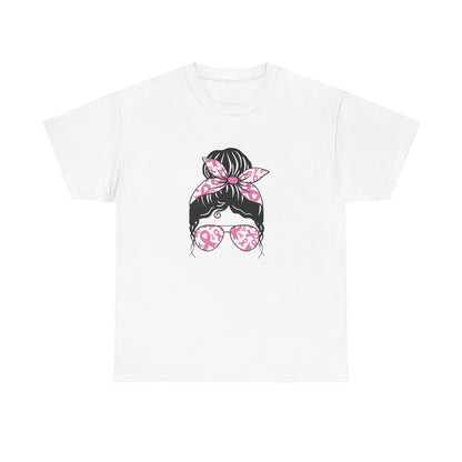 Breast Cancer Awareness Messy Bun T-Shirt — Pink Ribbon Sunglasses & Bandana Tee
