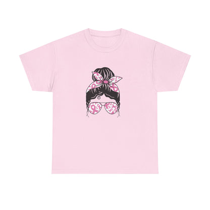 Breast Cancer Awareness Messy Bun T-Shirt — Pink Ribbon Sunglasses & Bandana Tee