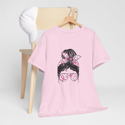 Breast Cancer Awareness Messy Bun T-Shirt — Pink Ribbon Sunglasses & Bandana Tee