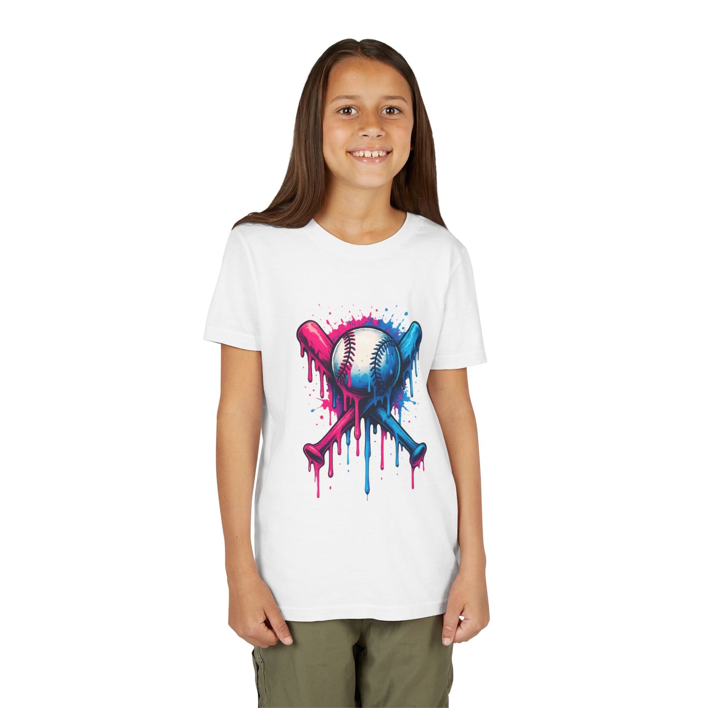 Youth Baseball Tee — Dripping Pink & Blue Crossed Bats Design