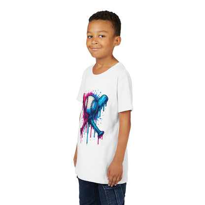 Youth Baseball Tee — Dripping Pink & Blue Crossed Bats Design
